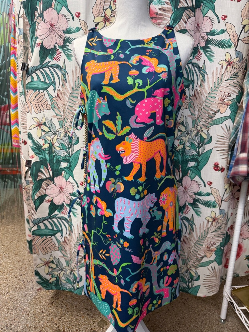 Gretchen Scott Vibrant Jungle Animal Print Apron Dress - Navy Base Size Small